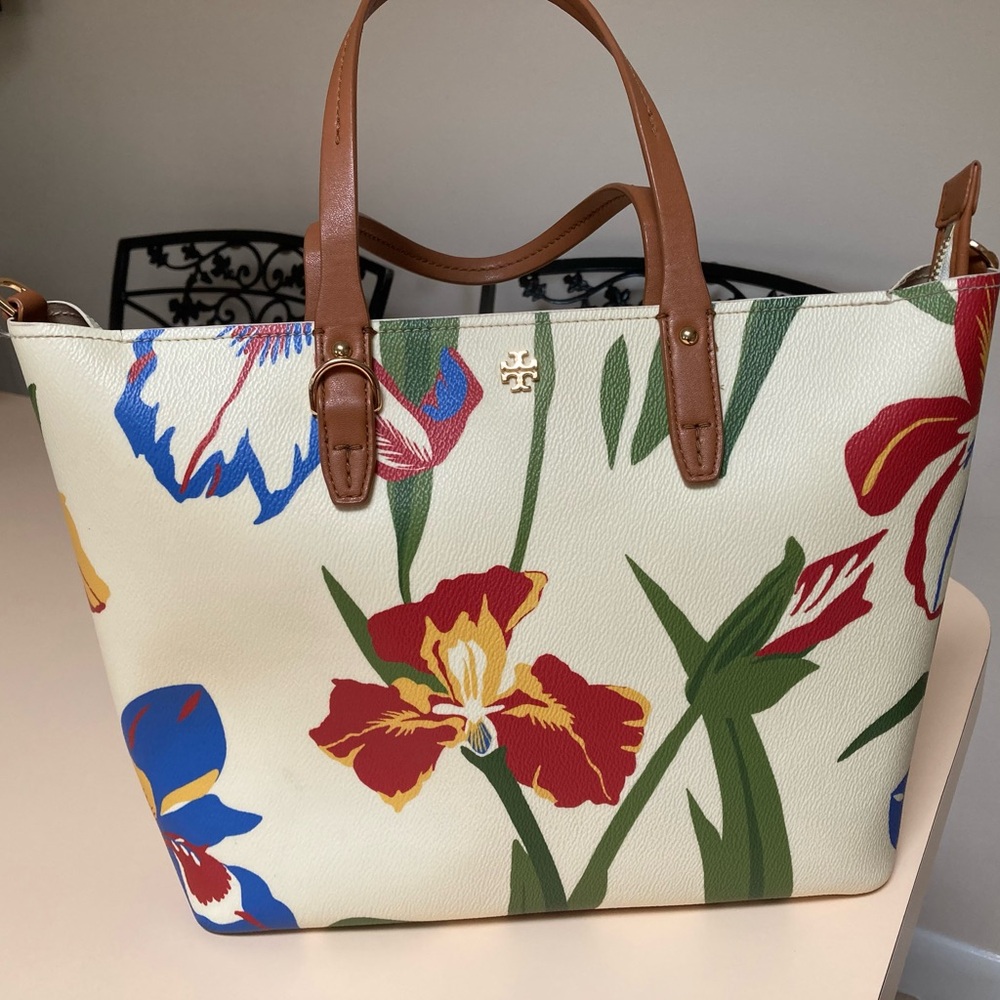 Tory Burch Leather Floral Tote Bag